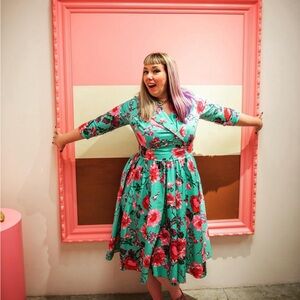 Pinup Couture 50s Birdie Floral Dress in Turquoise and Pink like new 2XL